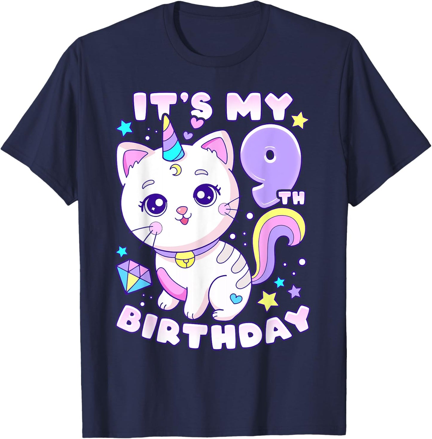 Birthday girl 9 years old, cat, unicorn, 9th birthday T-Shirt - T-Shirt | Navy