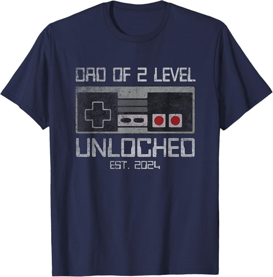 Daddy Again Leveled Up To Dad of 2 Two Level Unlocked Gamer T-Shirt - T-Shirt | Navy