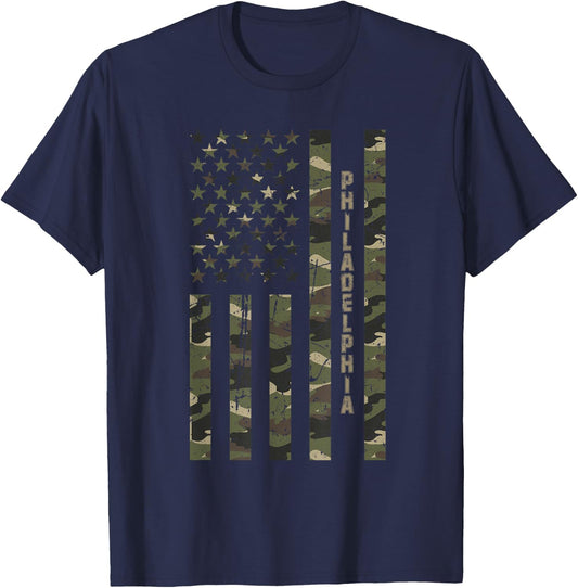 Philadelphia United States Distressed Camo w US Flag T-Shirt - T-Shirt | Navy