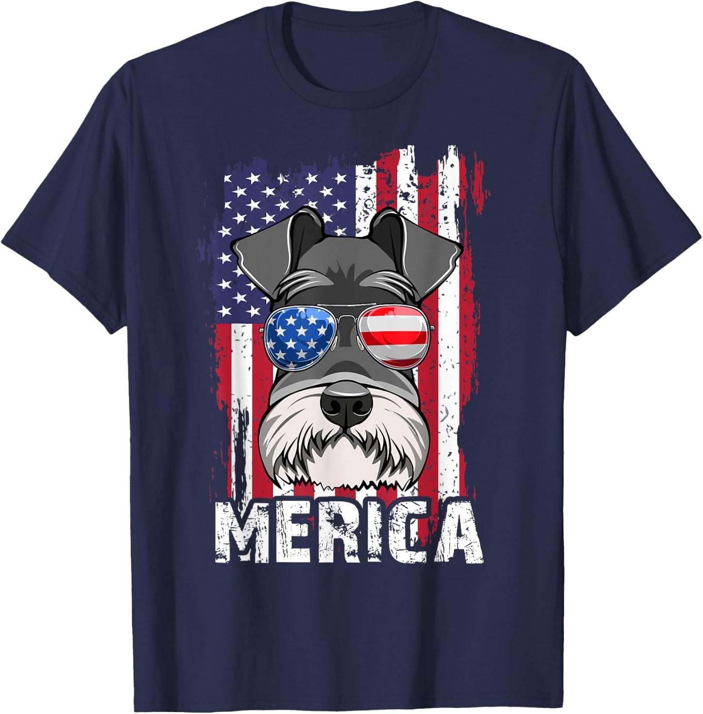 Merica 4th of July Mini Schnauzer-Shirt USA Flag Dog Mom Dad T-Shirt - T-Shirt | Navy