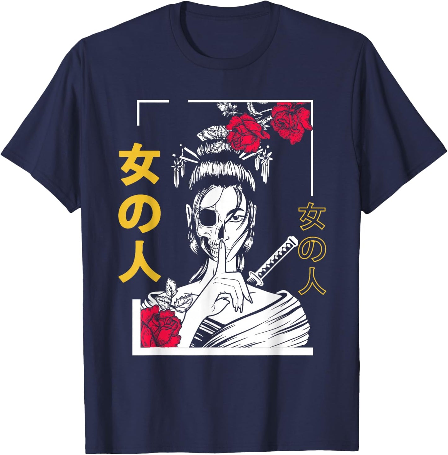 Japanese Samurai Floral Warrior Geisha Woman Tokyo Anime T-Shirt - T-Shirt | Navy