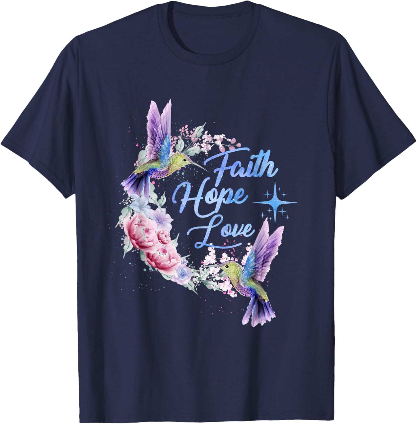 Hope Faith Love Hummingbird Picture Bird Print T-Shirt - T-Shirt | Navy