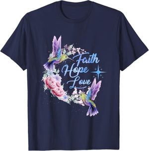 Hope Faith Love Hummingbird Picture Bird Print T-Shirt - T-Shirt | Navy
