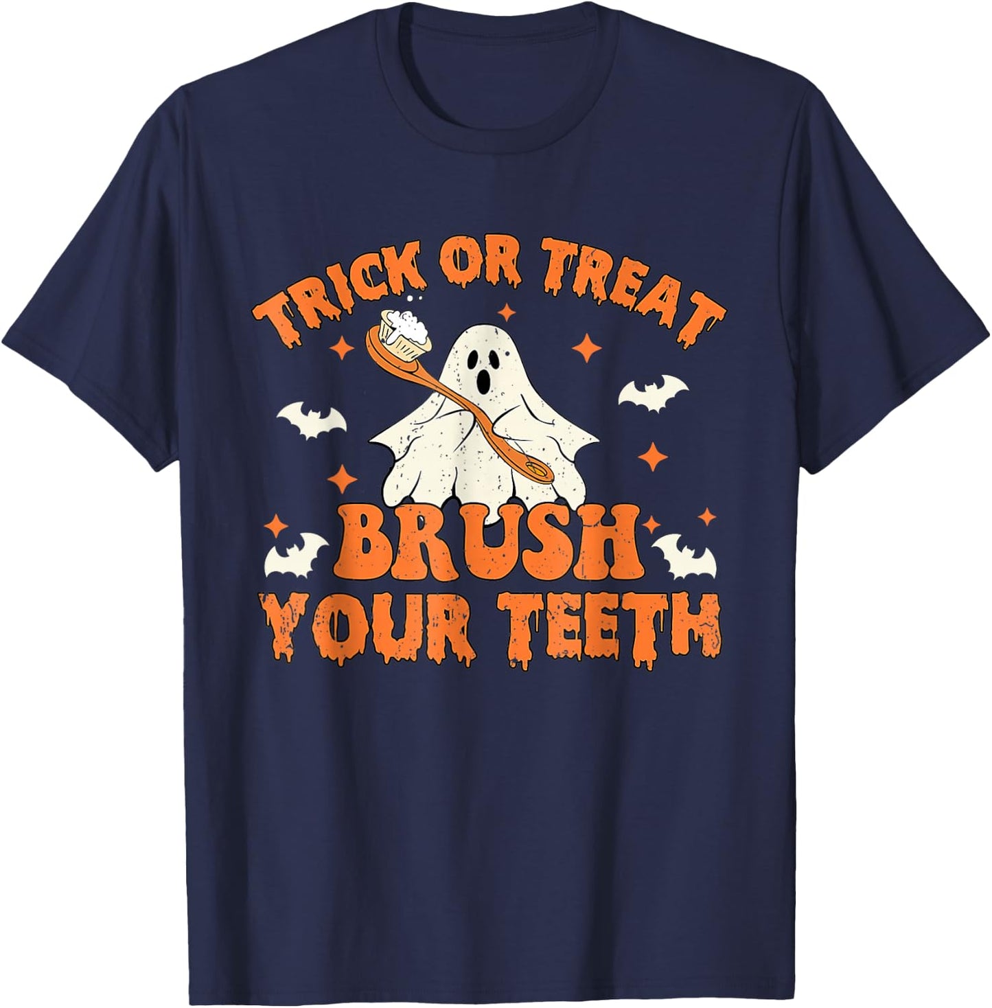 Trick Or Treat Brush Your Teeth Retro Halloween Cute Dentist T-Shirt - T-Shirt | Navy