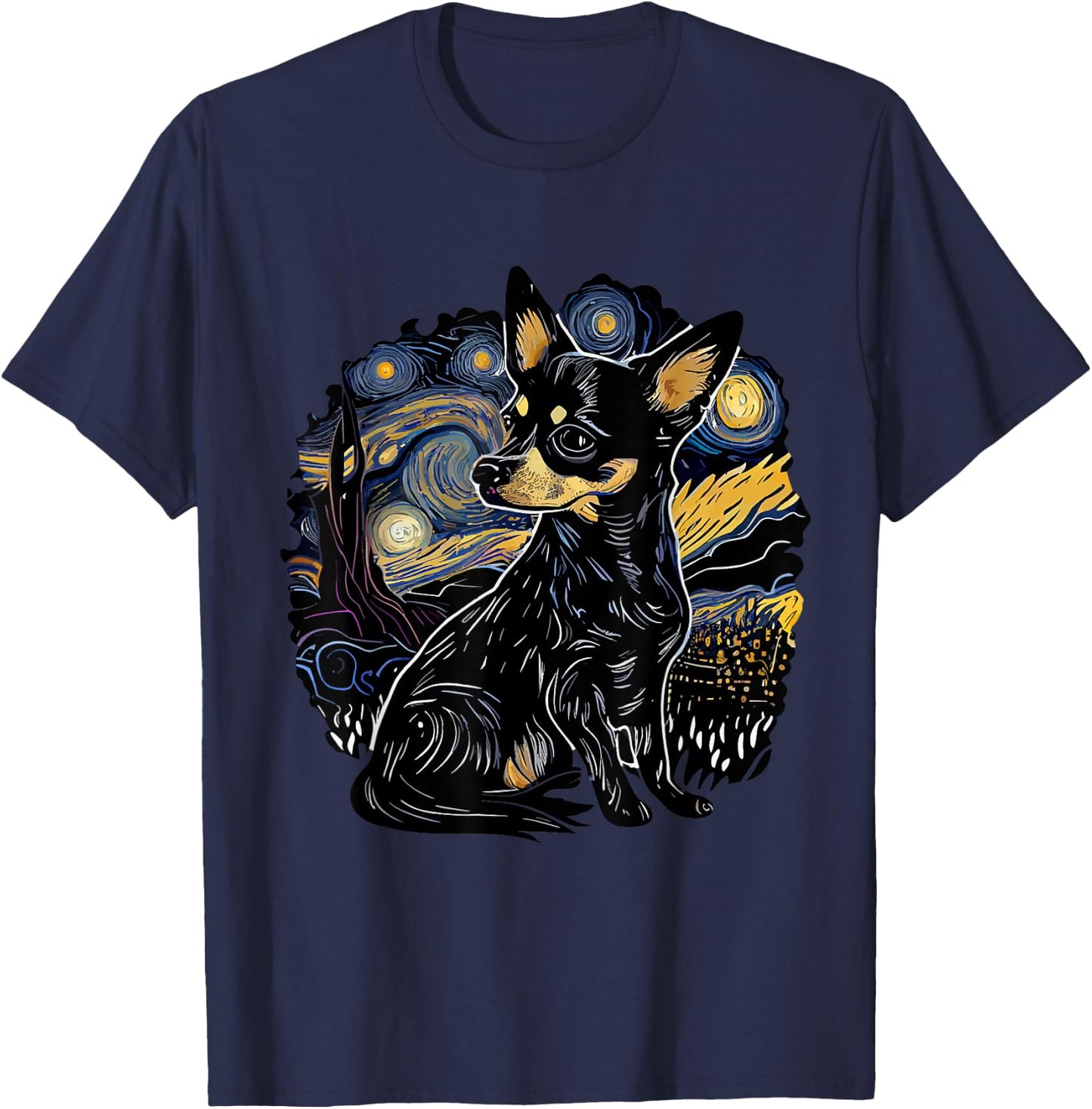 Black Chihuahua Starry Night Van Gogh Colorful T-Shirt - T-Shirt | Navy
