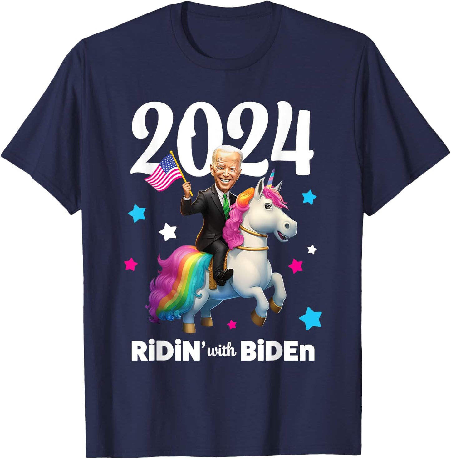 Ridin with Biden 2024 Joe Biden Riding Rainbow Unicorn T-Shirt - T-Shirt | Navy