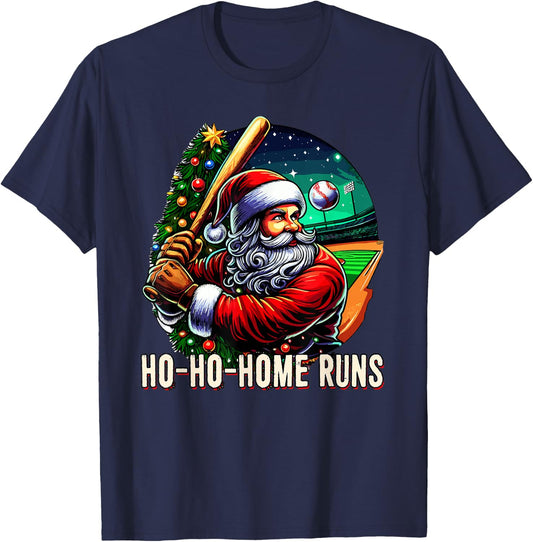 HO HO Home Runs Funny Baseball Santa Claus Sport Christmas T-Shirt - T-Shirt | Navy