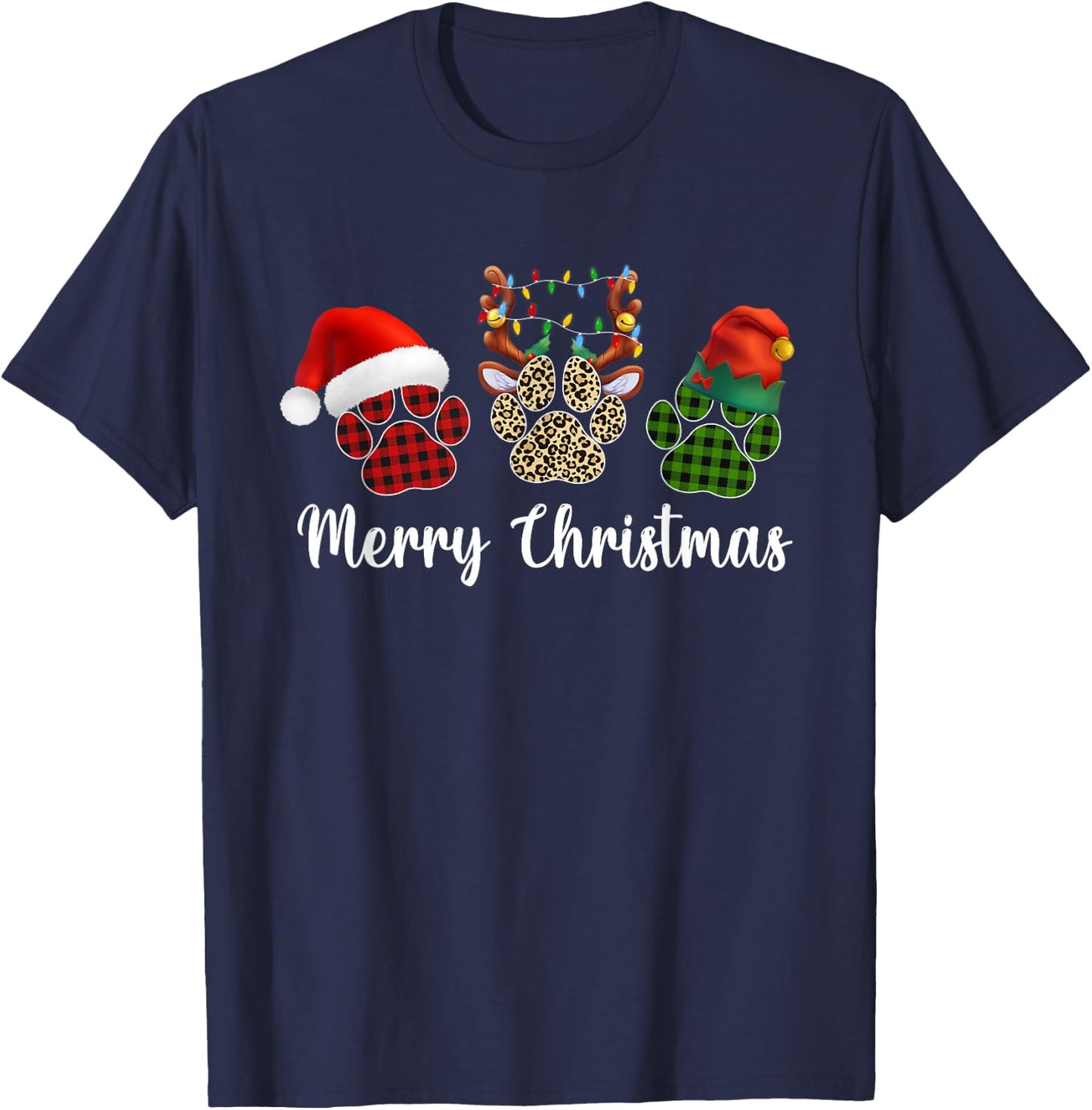 Merry Christmas Dog Paws Buffalo Plaid Leopard Santa Xmas T-Shirt - T-Shirt | Navy