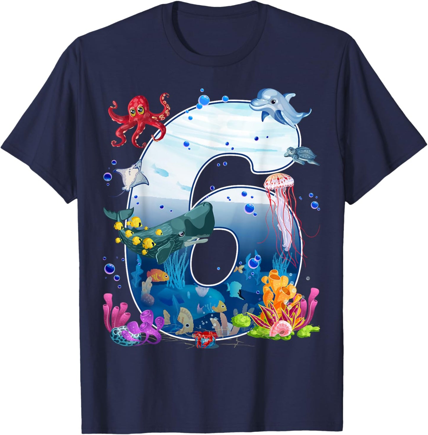 6th Birthday Party Ocean 6 Year Old Sea Fish Aquarium Boy T-Shirt - T-Shirt | Navy
