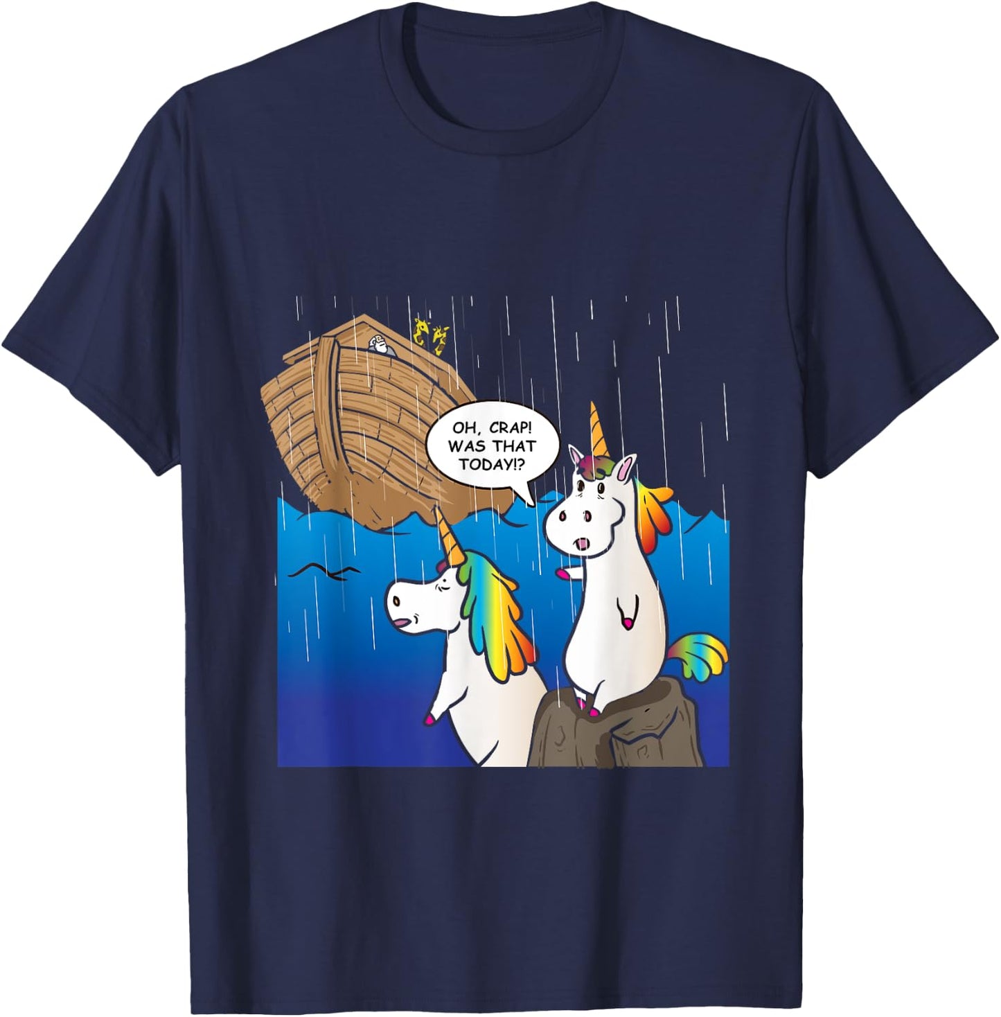 Two Unicorns Missing Ark Noah During Rain Funny Christian T-Shirt - T-Shirt | Navy