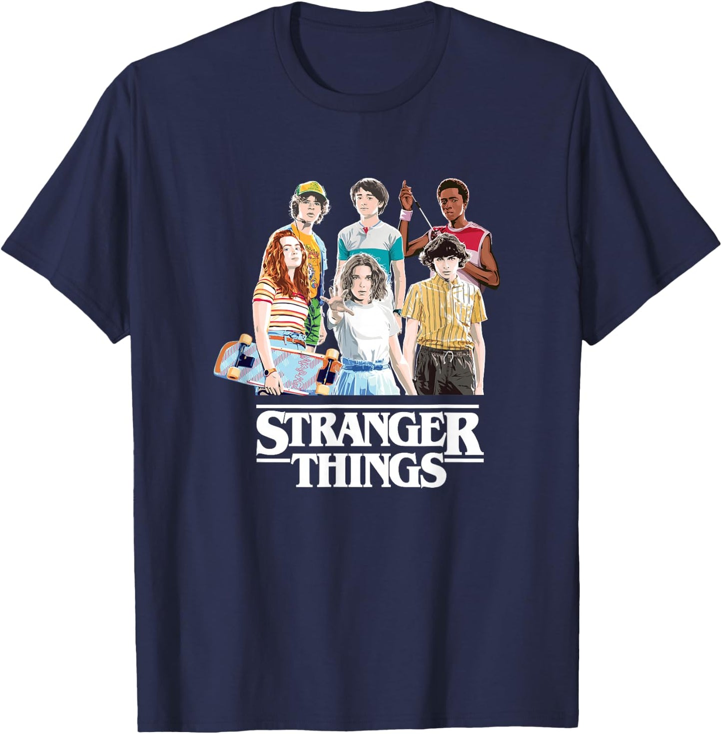 Stranger Things Retro Vintage Bleach Gradient Group Shot T-Shirt - T-Shirt | Navy