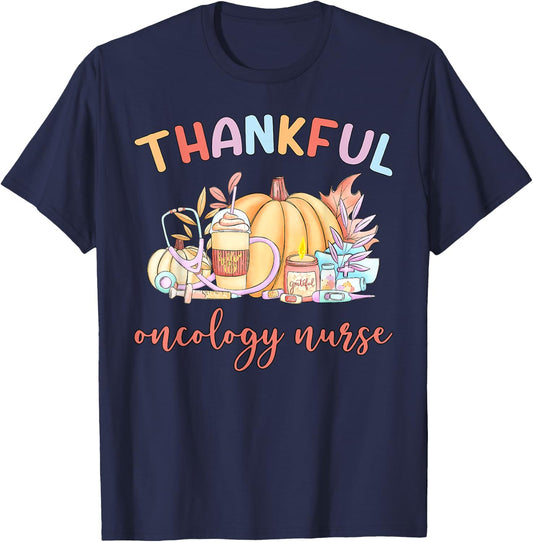 Thankful Oncology Nurse Pumpkin Coffee Fall Thanksgiving T-Shirt - T-Shirt | Navy