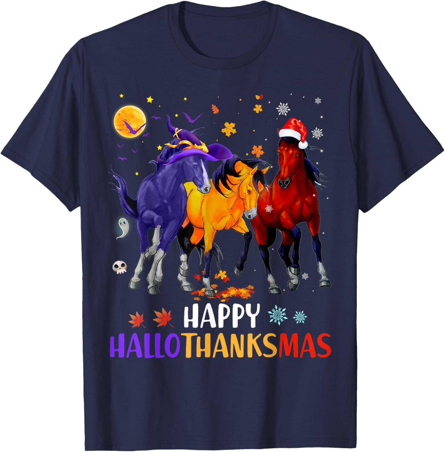 Happy Hallothanksmas Horse Halloween Thanksgiving Christmas T-Shirt - T-Shirt | Navy