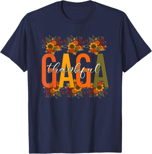 Floral Thankful Gaga Fall Leaves Autumn Thanksgiving T-Shirt - T-Shirt | Navy