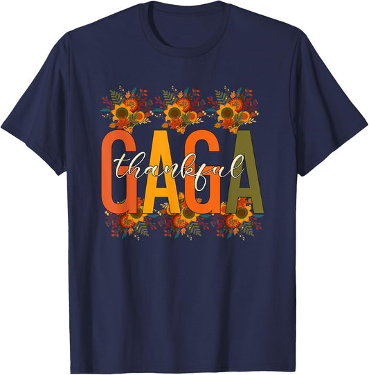 Floral Thankful Gaga Fall Leaves Autumn Thanksgiving T-Shirt - T-Shirt | Navy