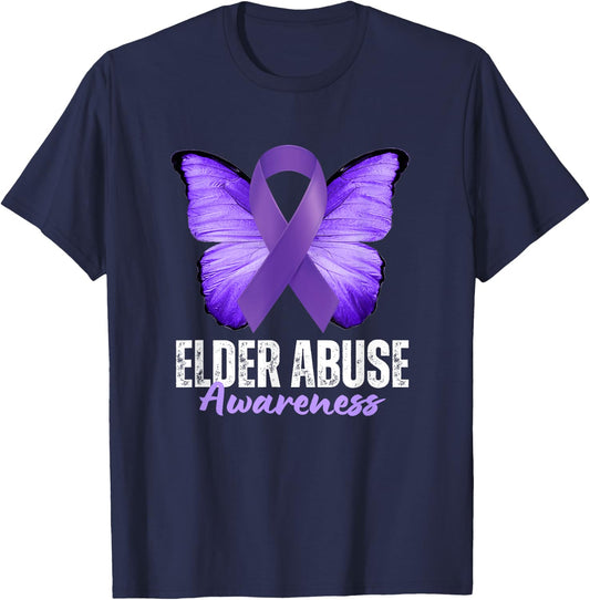 Elder Abuse Awareness Month Purple Butterfly Ribbon T-Shirt - T-Shirt | Navy