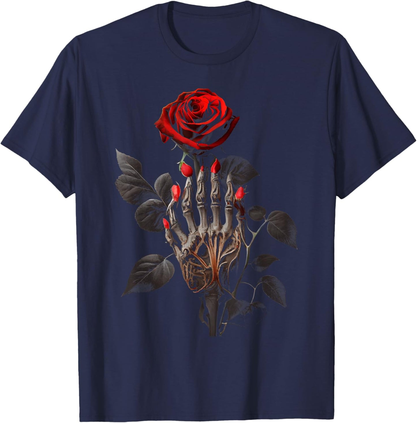 Gothic Rose Skeleton Hand Dark Academia Aesthetic Halloween T-Shirt - T-Shirt | Navy