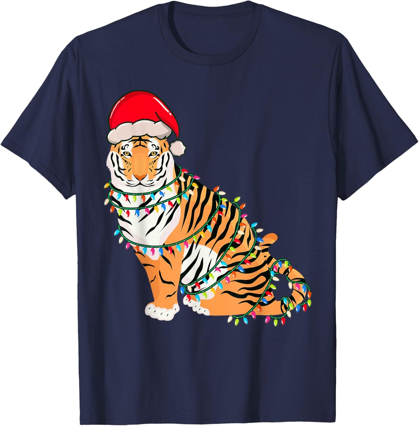 Christmas Lights Tiger Wearing Xmas Hat - Tiger Lover T-Shirt - T-Shirt | Navy