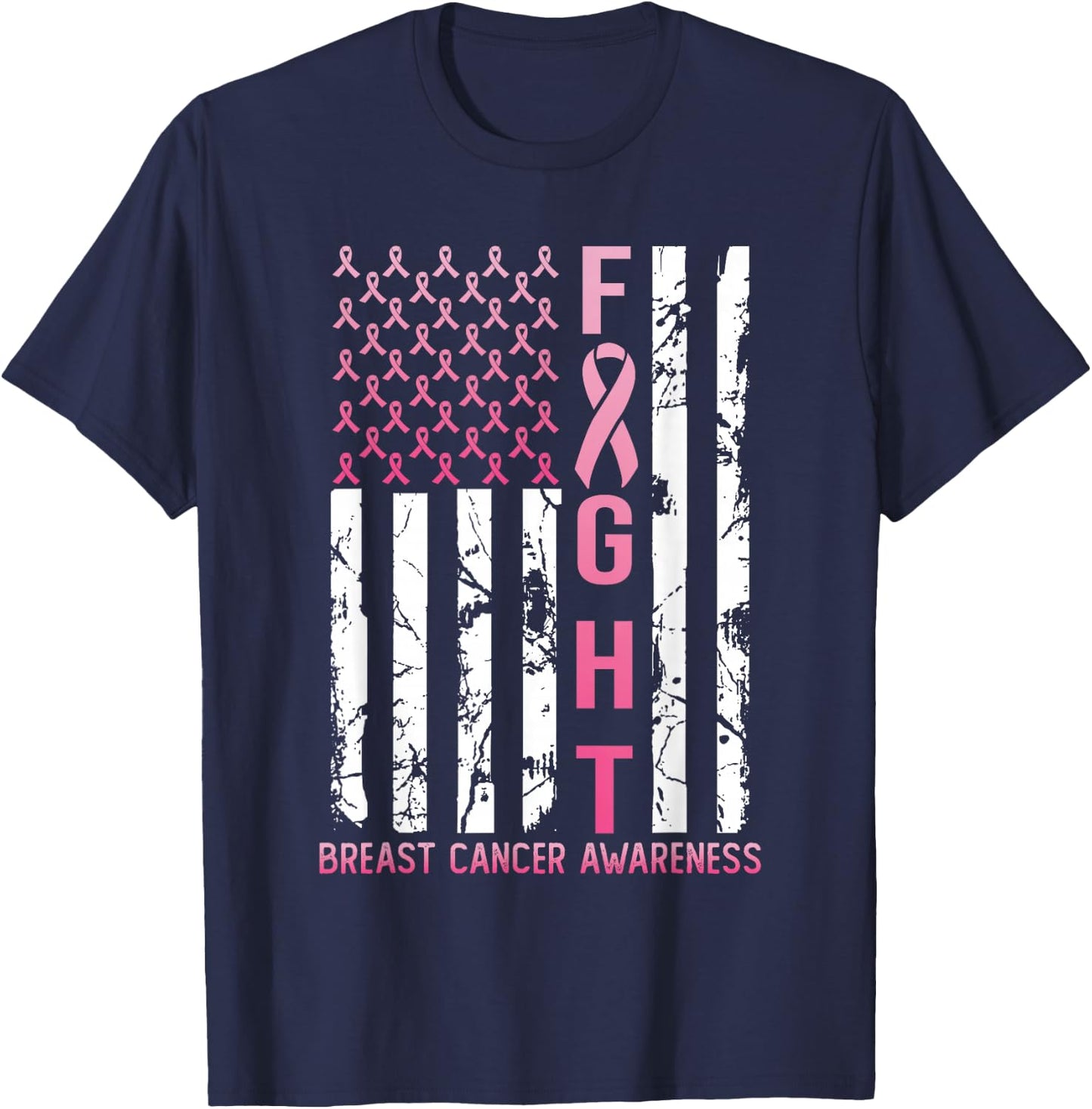 USA Pink Flag Breast Cancer Awareness Month October T-Shirt - T-Shirt | Navy