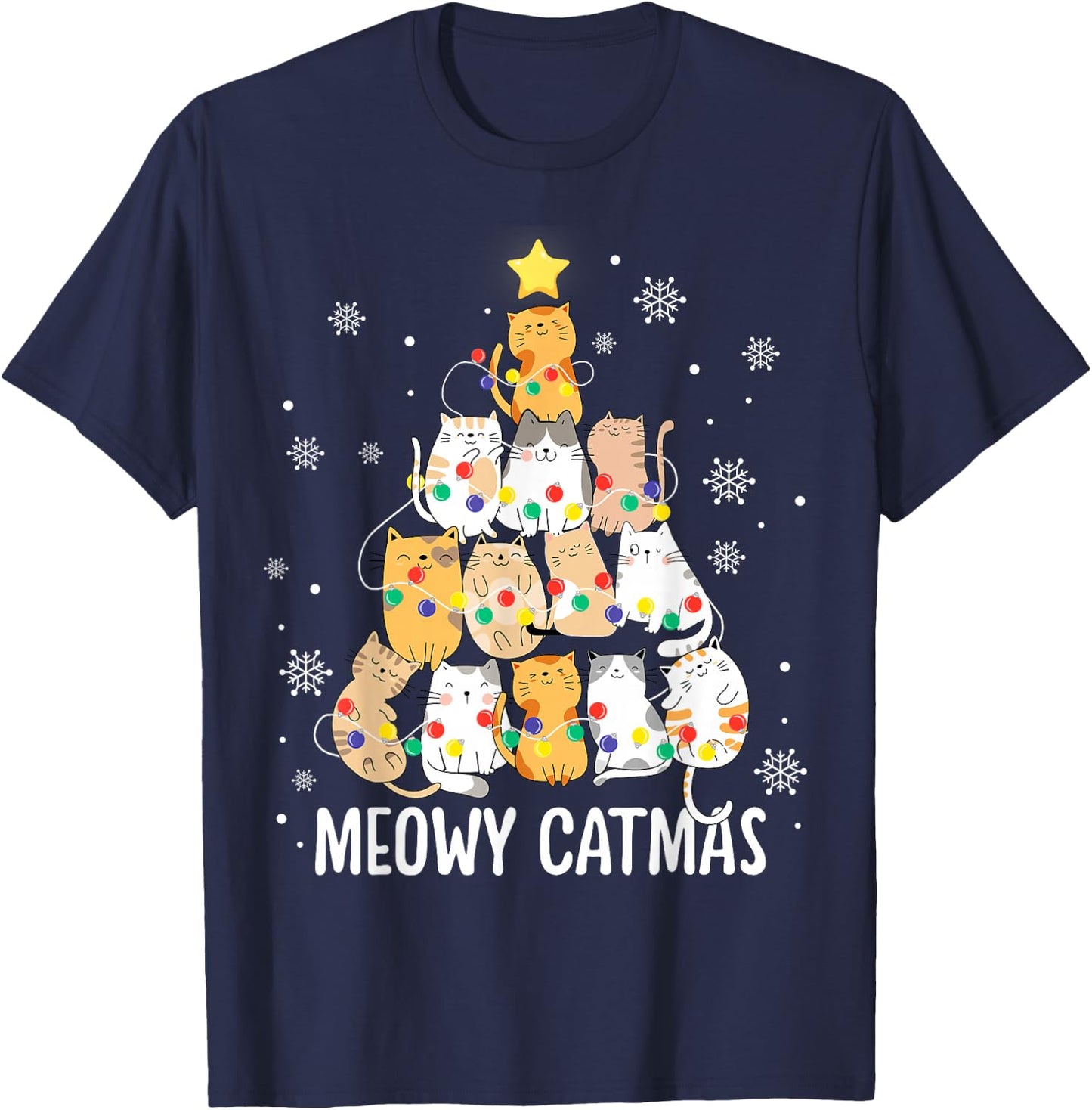 Meowy Catmas Cat Christmas Tree Lights Kitten Xmas Cat Lover T-Shirt - T-Shirt | Navy