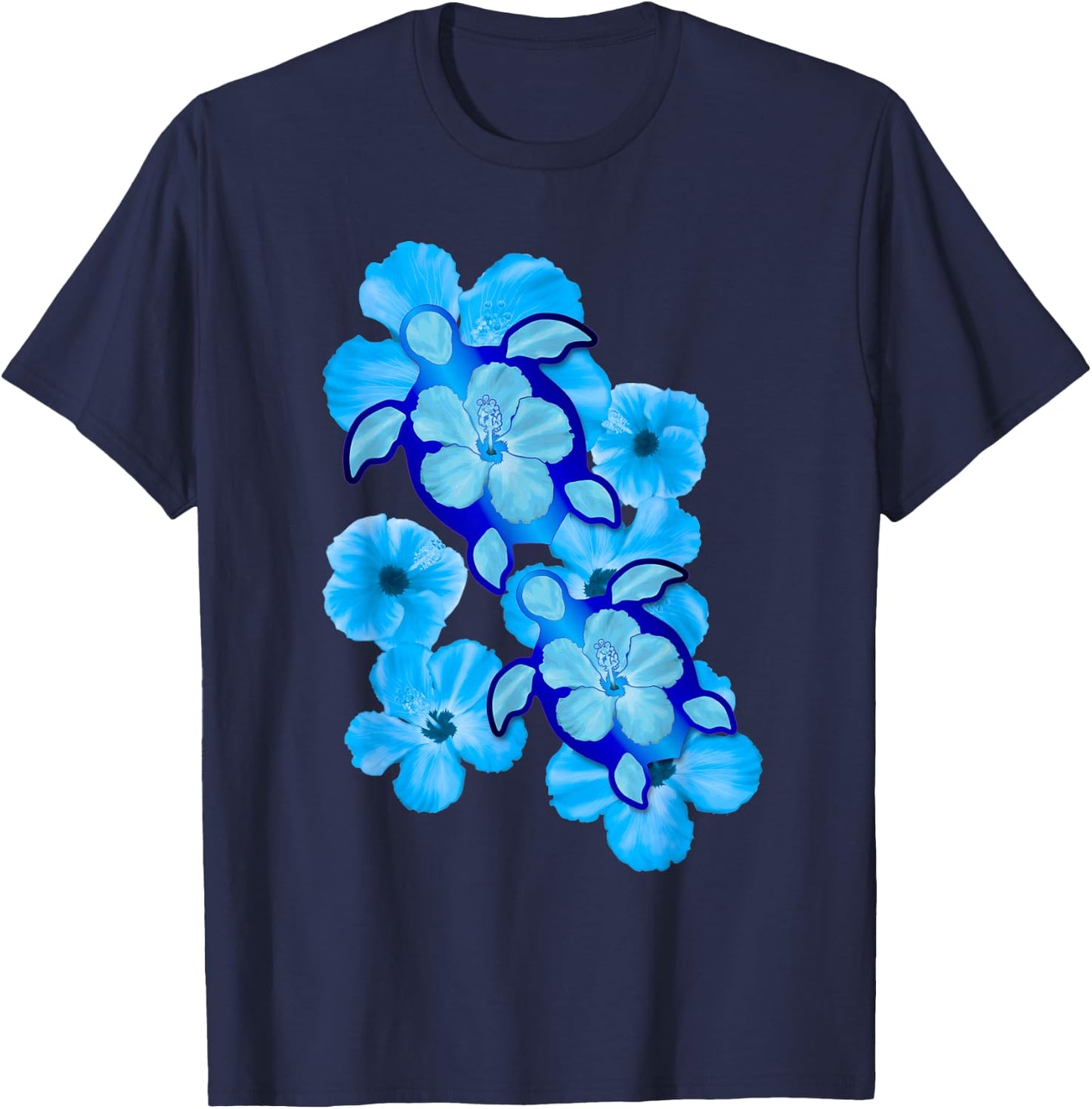 Hawaiian Sea Turtles Hibiscus Flowers T-Shirt - T-Shirt | Navy