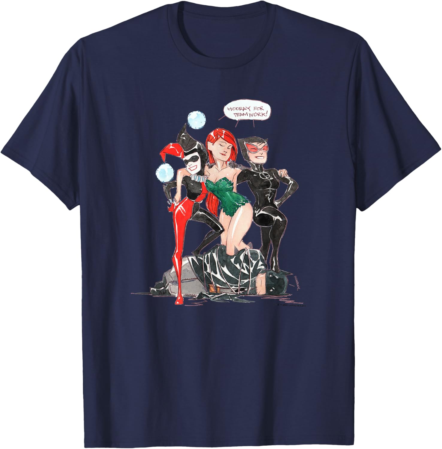 WB100 DC Comics Catwoman Poison Ivy Harley Quinn Team Up T-Shirt - T-Shirt | Navy
