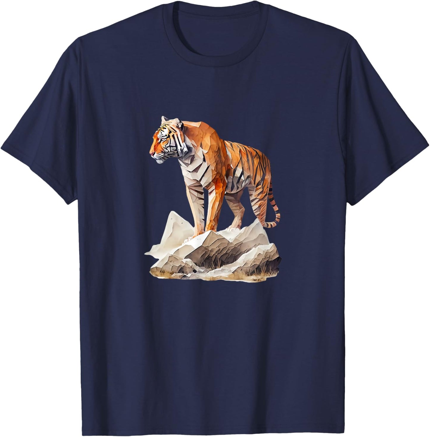 Majestic Tiger on Rocks Polygon Poly Art Tiger Lovers T-Shirt - T-Shirt | Navy