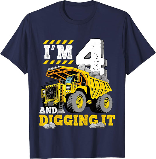 Kids Four 4th Birthday Construction Truck 4yr Boy 4 Years Old T-Shirt - T-Shirt | Navy