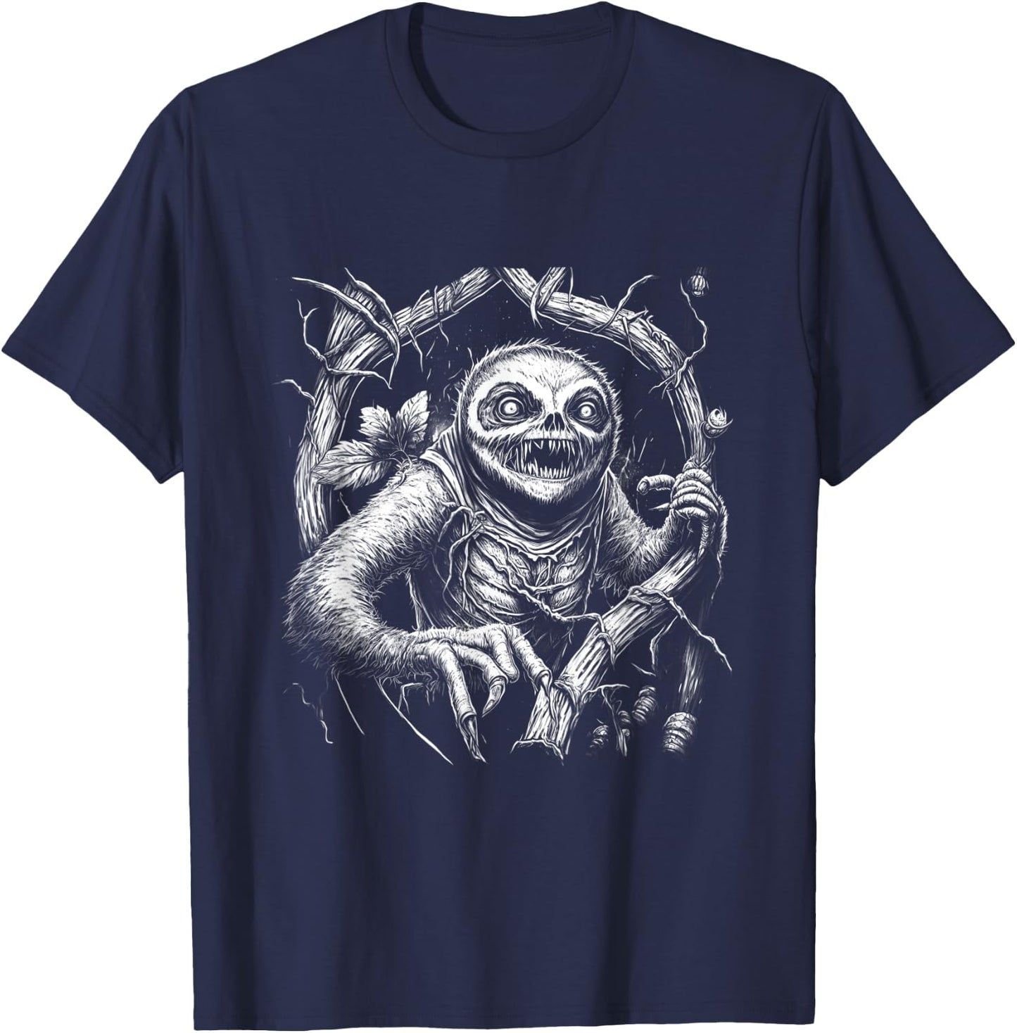 Creepy Scary Horror Sloth Forest Art Illustration Design T-Shirt - T-Shirt | Navy