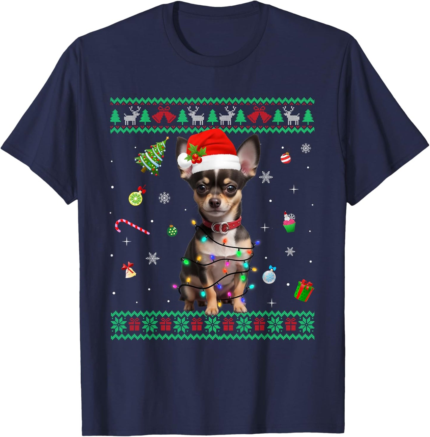 Ugly Sweater Chihuahua Dog Christmas Lights Santa Hat Men Women Kids T-Shirt - T-Shirt | Navy