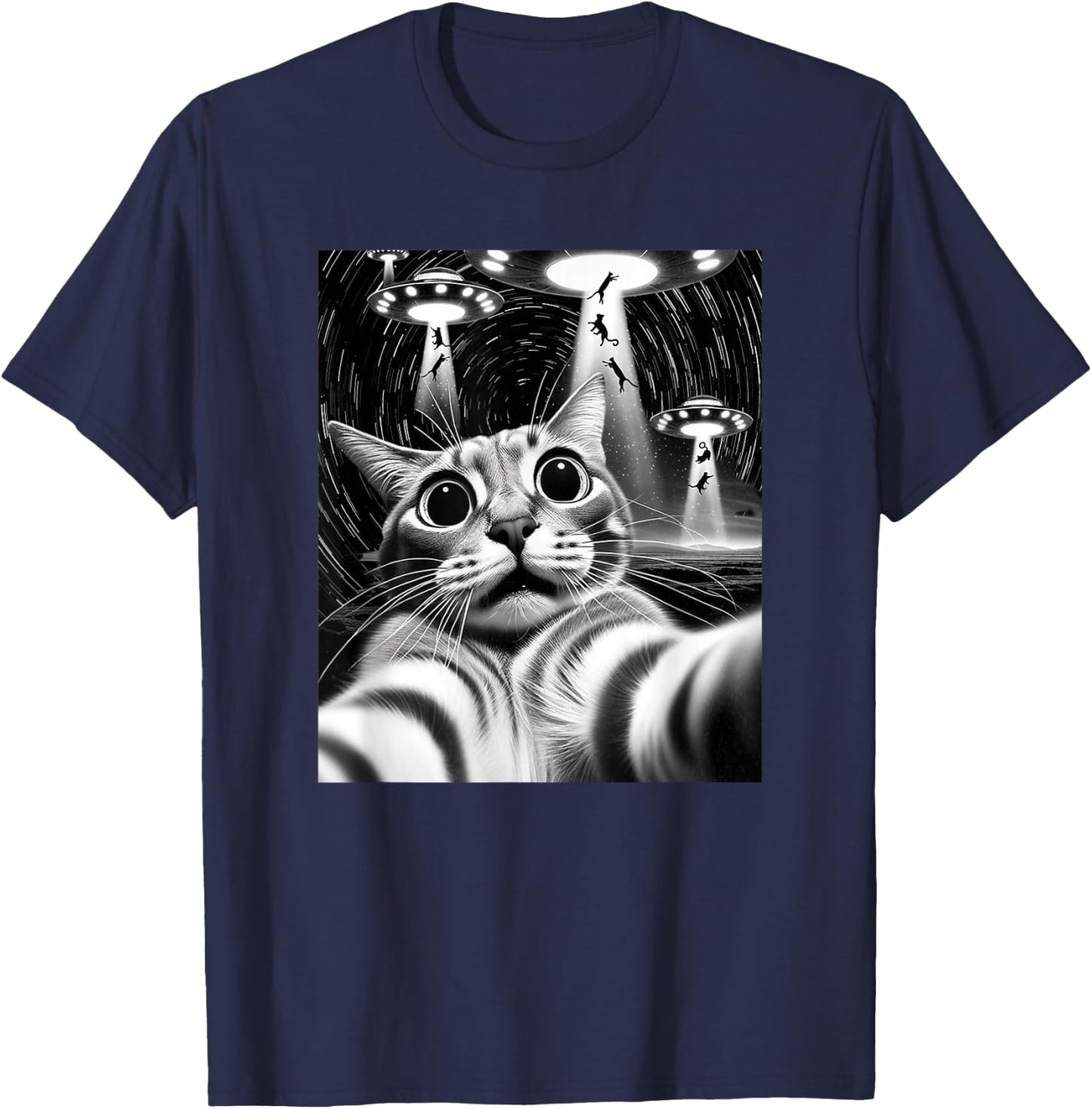Cat UFO Invasion | Funny Cat Meme Retro Alien Cat UFO Selfie T-Shirt - T-Shirt | Navy
