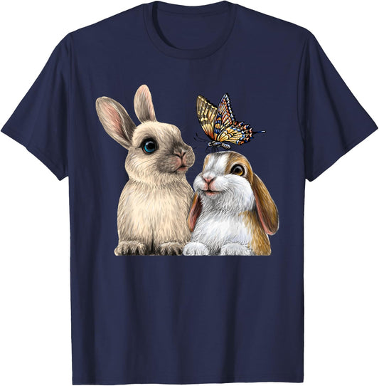 two cute Little rabbits with a butterfly for lovers Bunny T-Shirt - T-Shirt | Navy