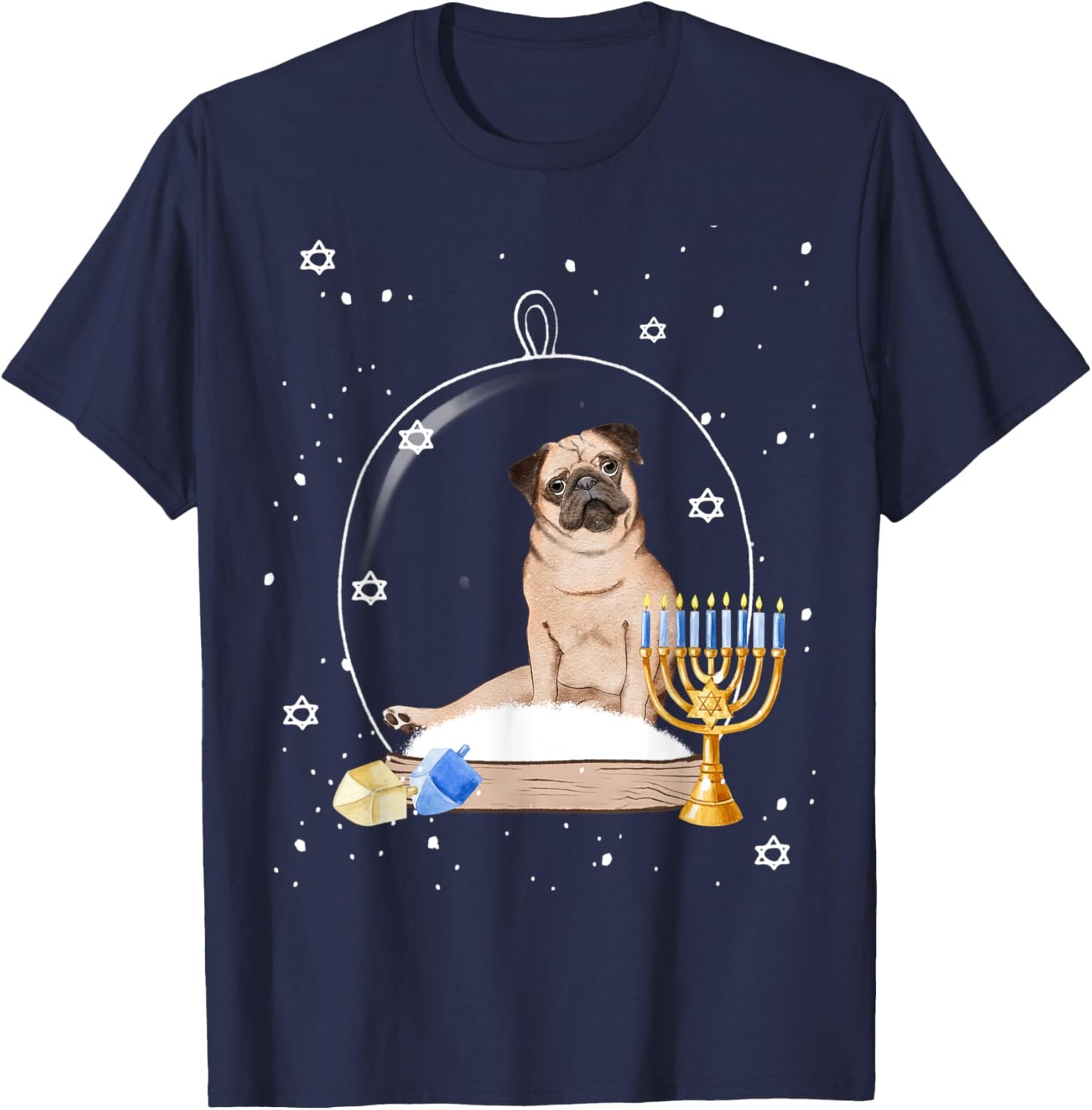 Hanukkah Pug Dog Snow Globe Pajama Women Kids T-Shirt - T-Shirt | Navy