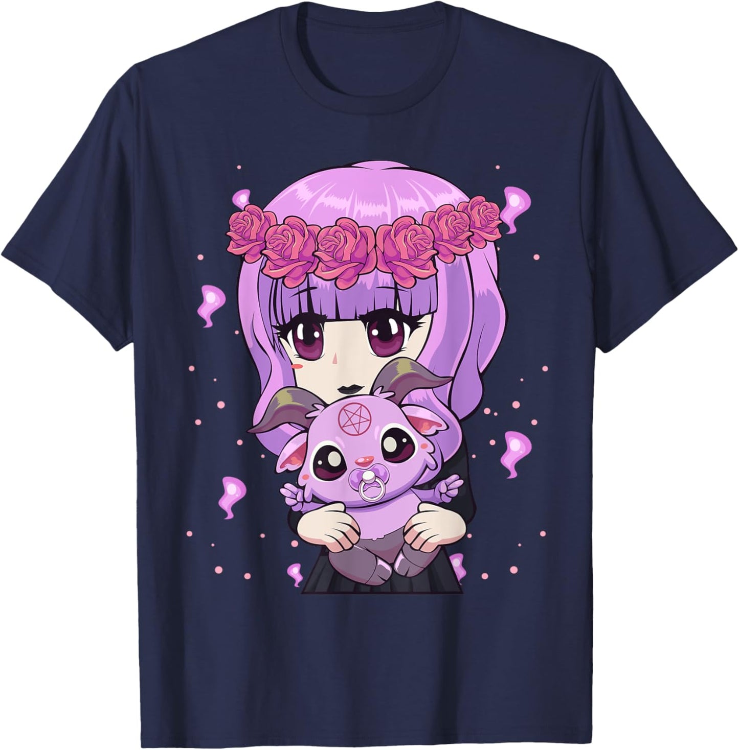 Anime Kawaii Pastel Goth Girl with Cute Baby Baphomet T-Shirt - T-Shirt | Navy