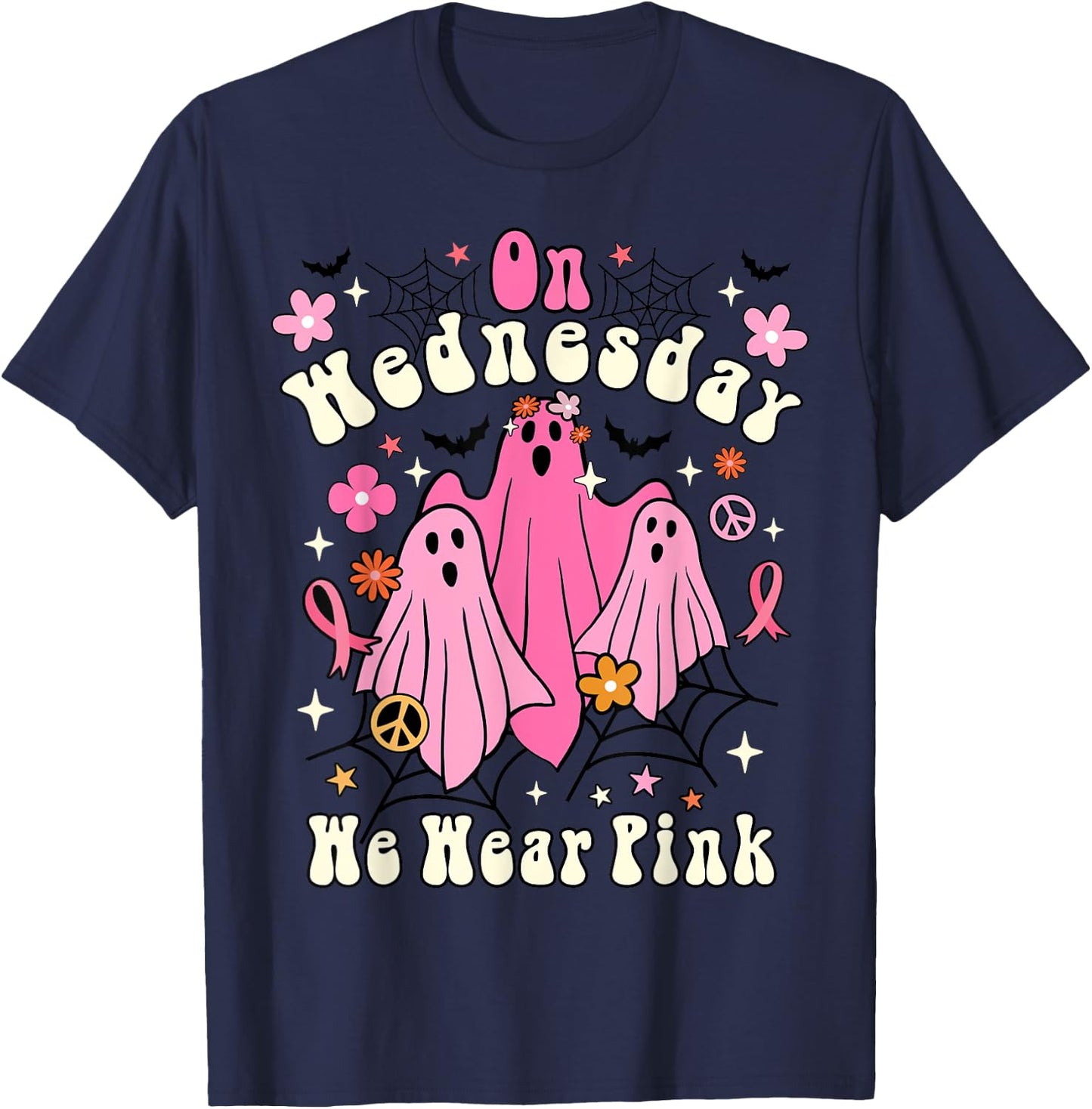 On Wednesday We Wear Pink Ghost Halloween Breast Cancer 2022 T-Shirt - T-Shirt | Navy