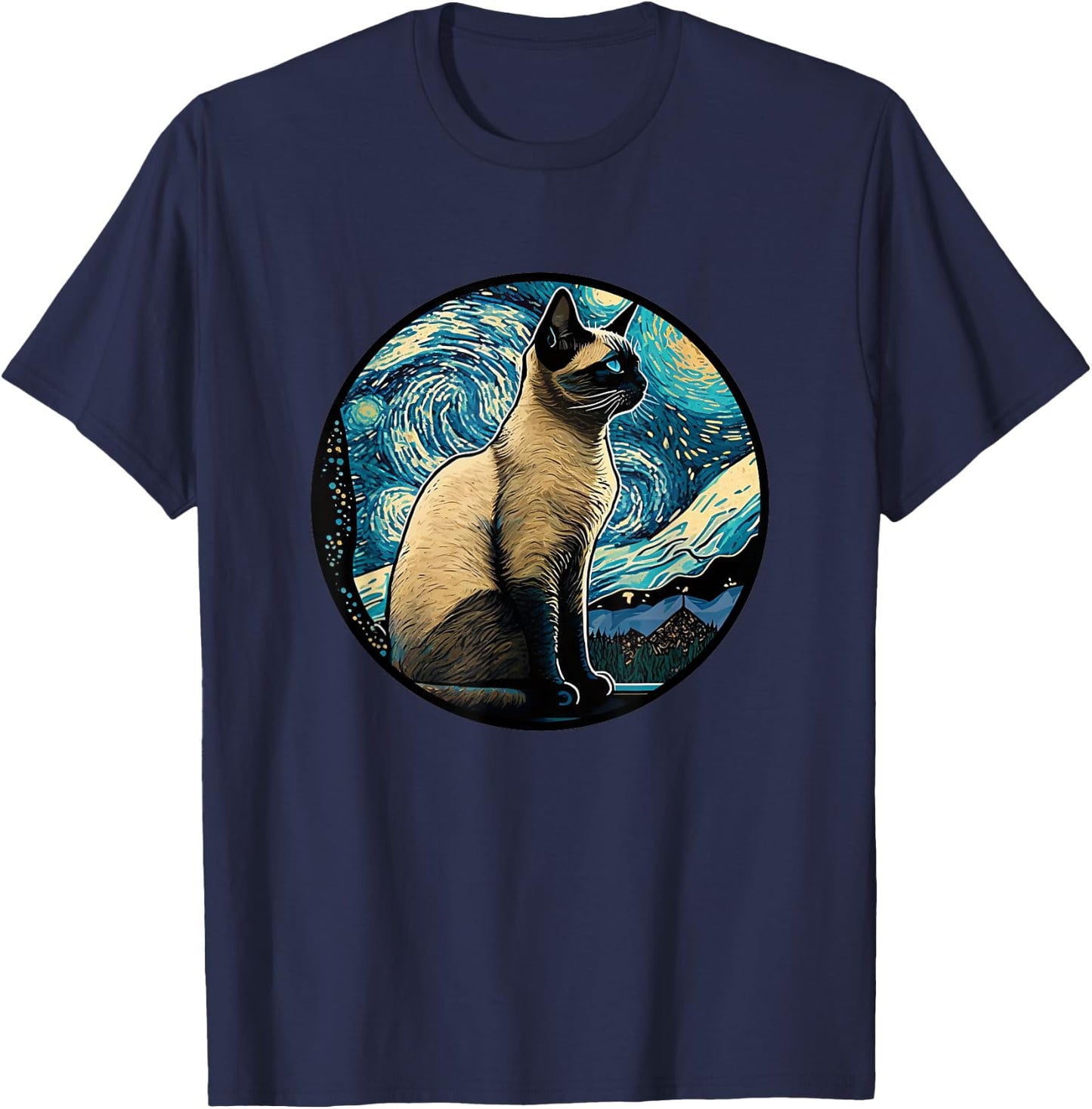 Siamese Cat in Starry Night Painting Men Women Kids T-Shirt - T-Shirt | Navy