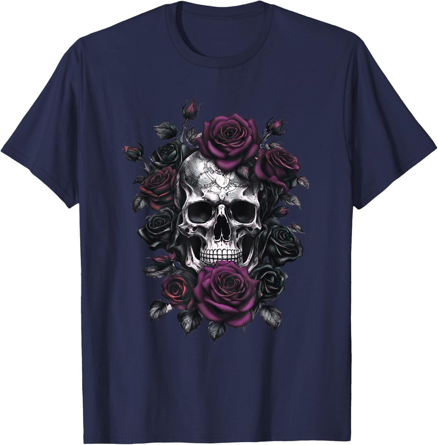 Skeleton Metalhead Skulls and Roses Metal Rock Purple Roses T-Shirt - T-Shirt | Navy