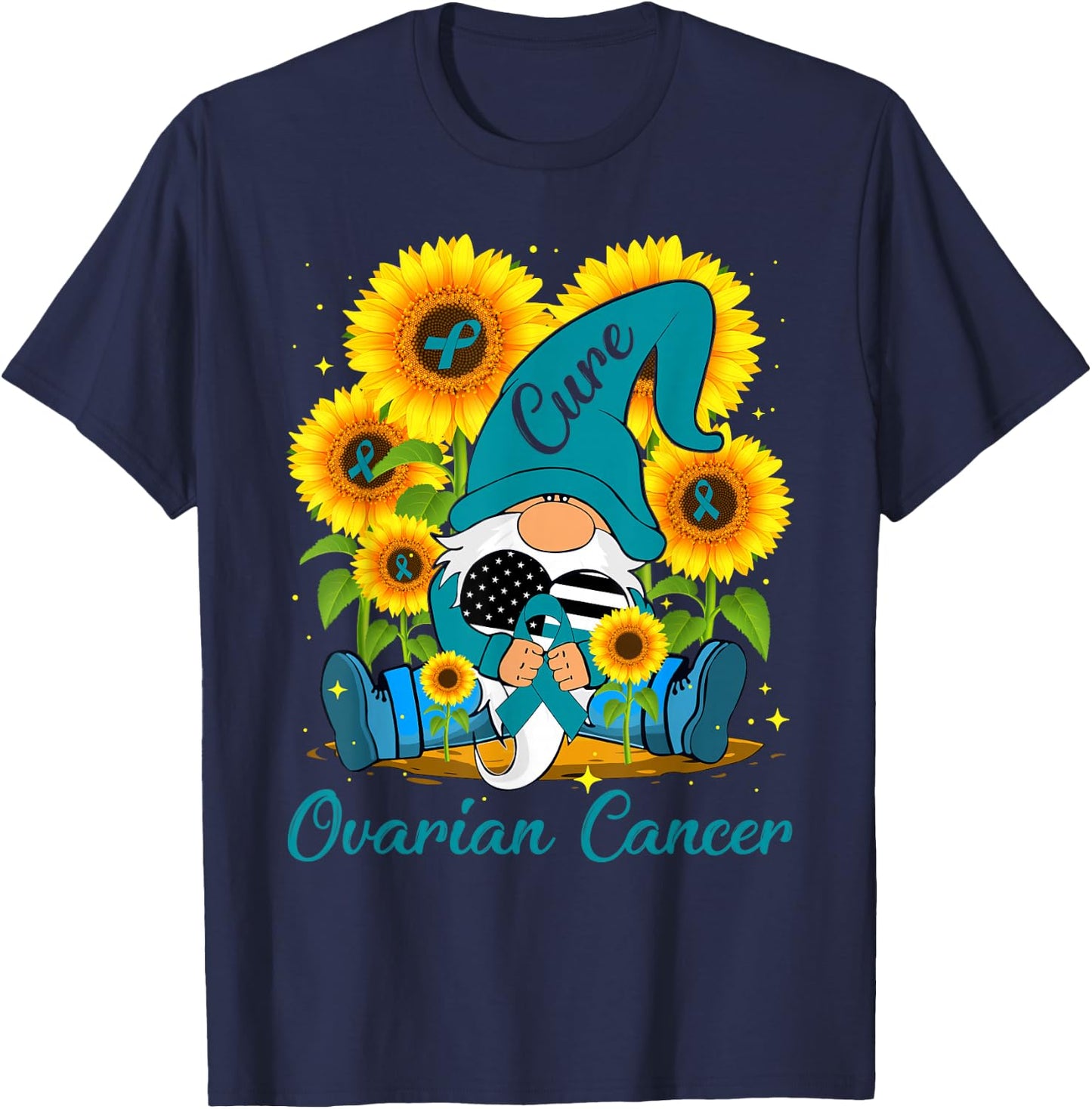 Cure Ovarian Cancer Awareness Day Fighter Gnome Teal Ribbon T-Shirt - T-Shirt | Navy