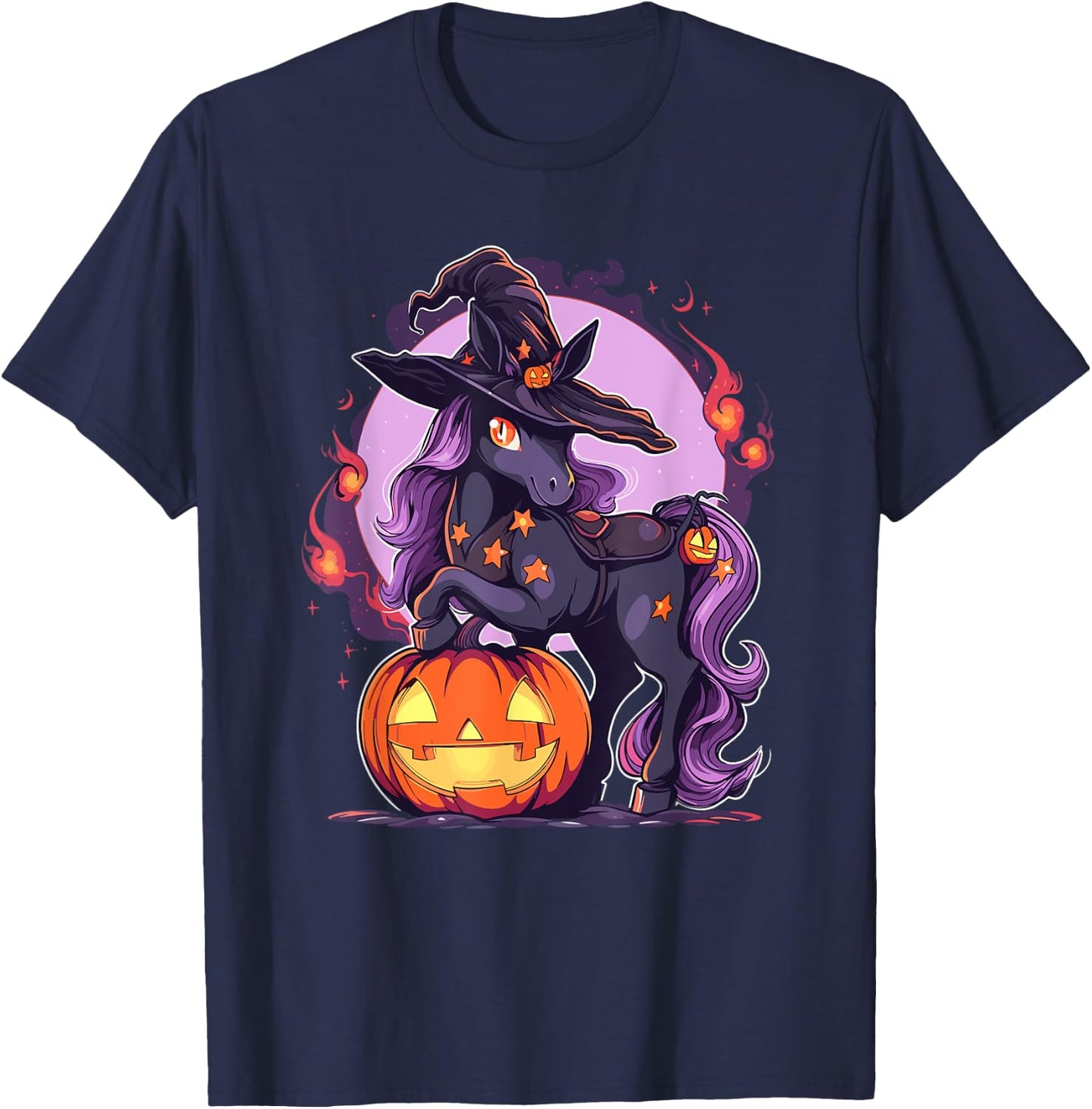 Halloween Horse Witch Hat Jack o Lantern Horse Rider Graphic T-Shirt - T-Shirt | Navy
