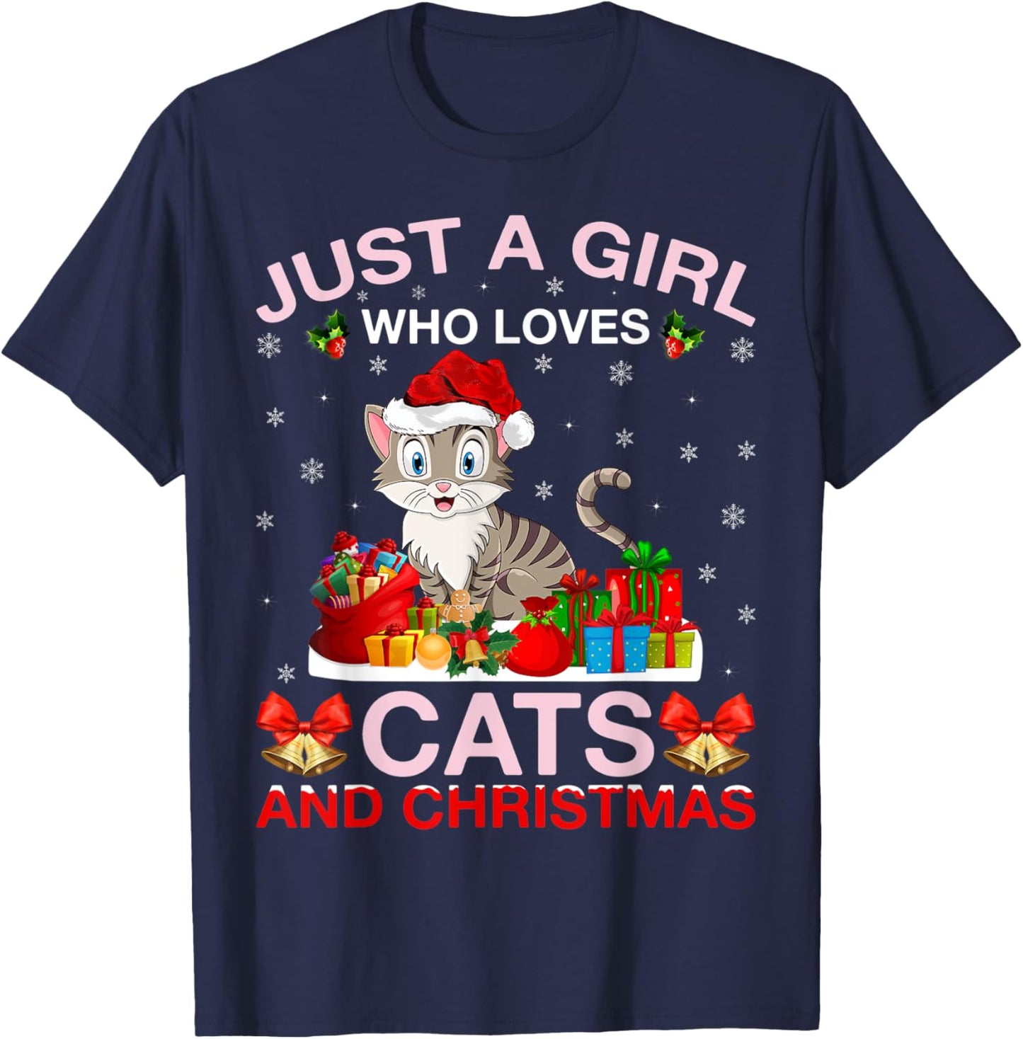 Just A Girl Who Love Cats And Christmas T-Shirt - T-Shirt | Navy