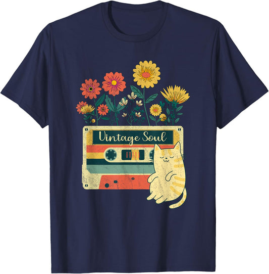 Vintage Cat Shirt - Retro Soul Flowers Wildflower T-Shirt - T-Shirt | Navy