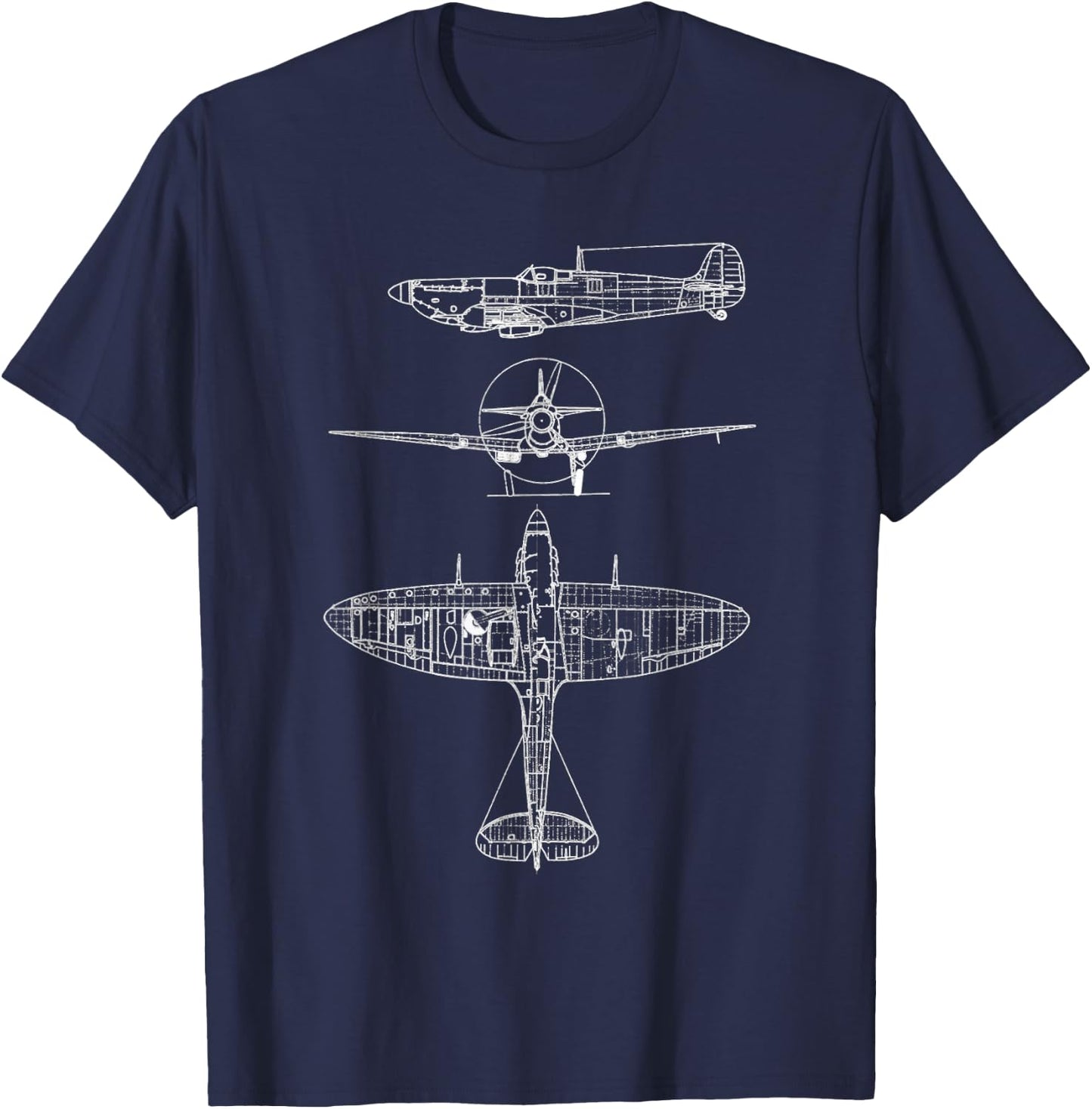 Spitfire Iconic British Airplane Blueprint Design T-Shirt - T-Shirt | Navy