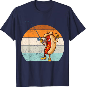 Funny fishing hot dog, Retro vintage hot dog fishermen T-Shirt - T-Shirt | Navy
