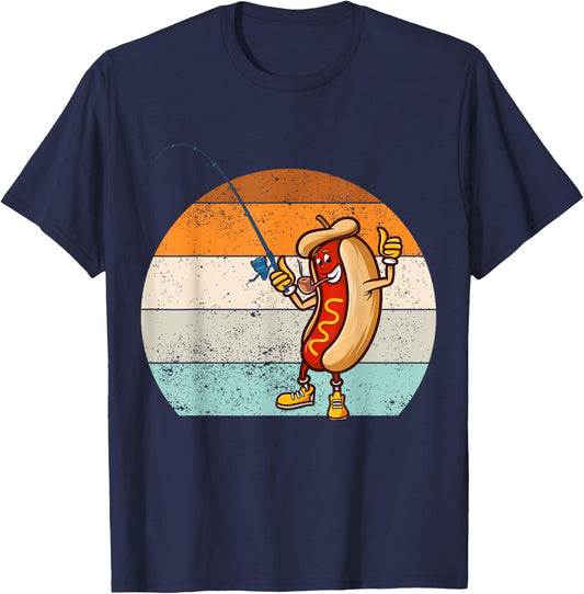 Funny fishing hot dog, Retro vintage hot dog fishermen T-Shirt - T-Shirt | Navy