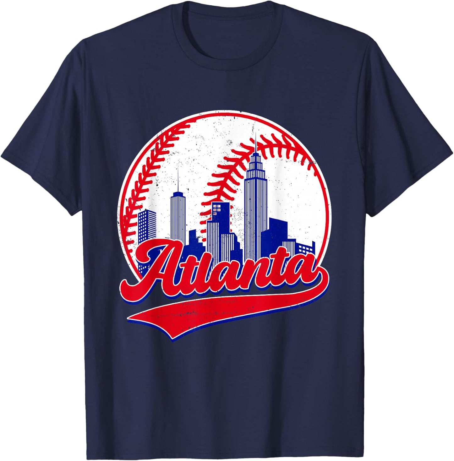 Retro Baseball Player Lover Atlanta Distressed Game Day T-Shirt - T-Shirt | Navy