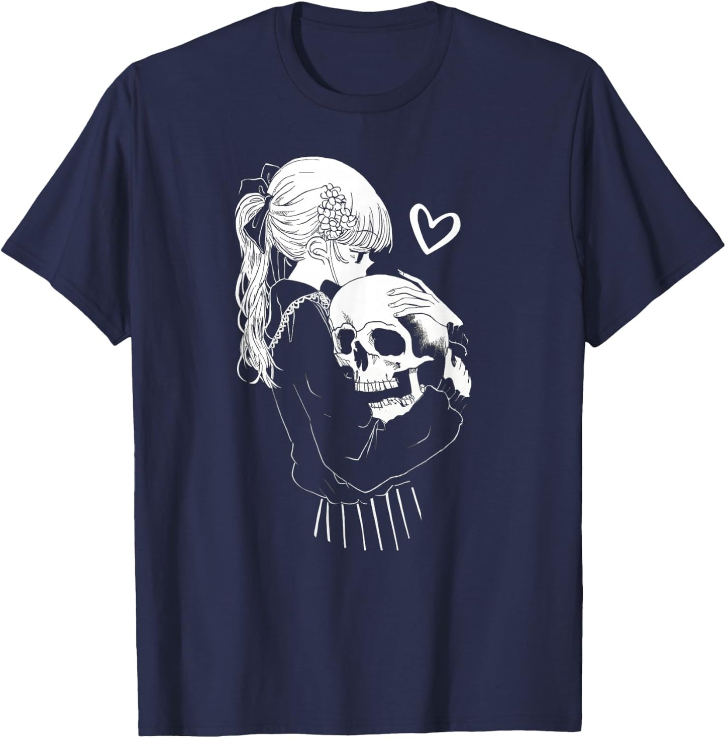 Creepy Cute Anime Schoolgirl Cuddles Skeleton Skull Dark Art T-Shirt - T-Shirt | Navy