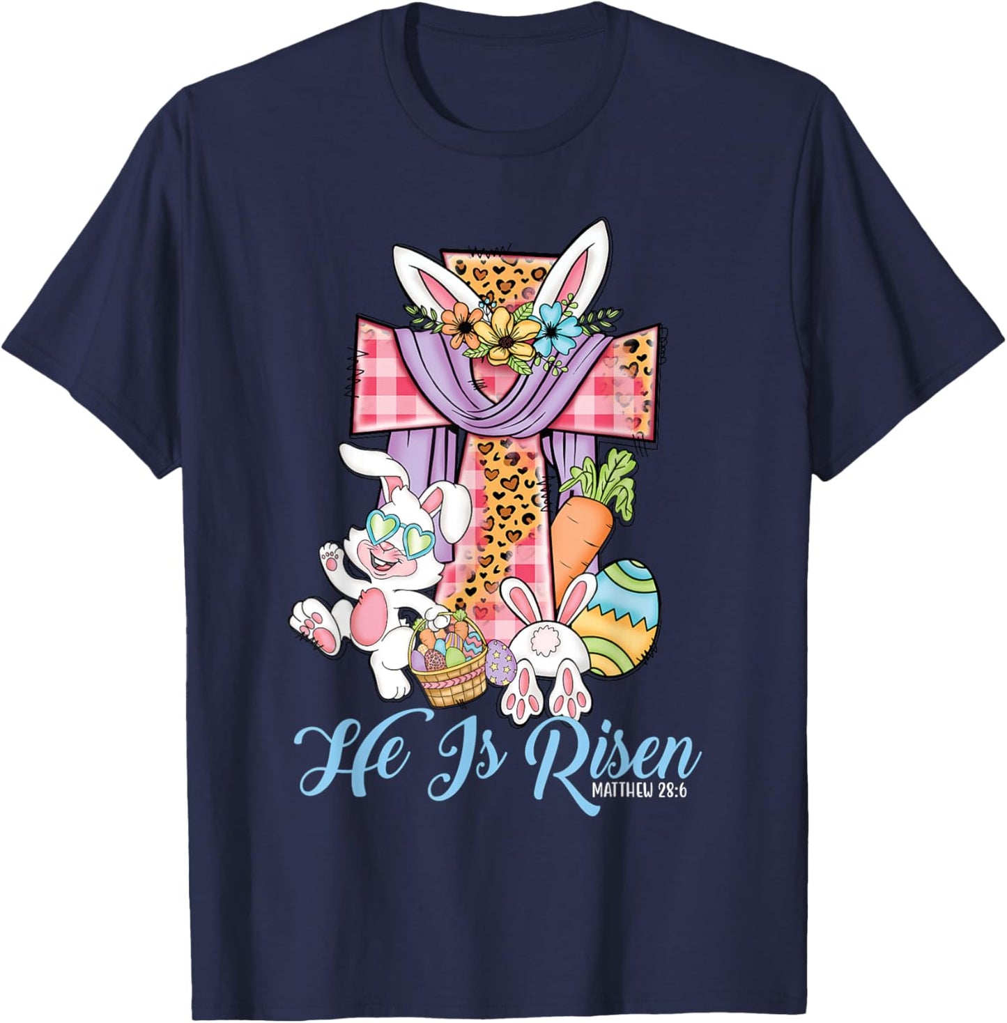 He is Risen Kids Leopard Cross Bunny Happy Easter T-Shirt - T-Shirt | Navy