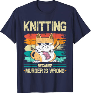 Knitting Because Murder is Wrong Cat Knits T-Shirt - T-Shirt | Navy