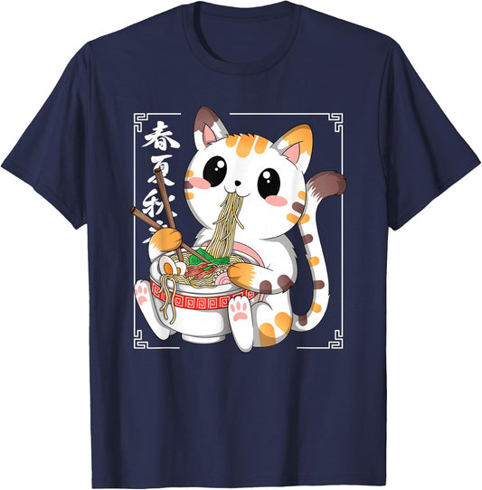 Funny Japanese Anime Cat Ramen Noodles Manga Kawaii Men Boys T-Shirt - T-Shirt | Navy