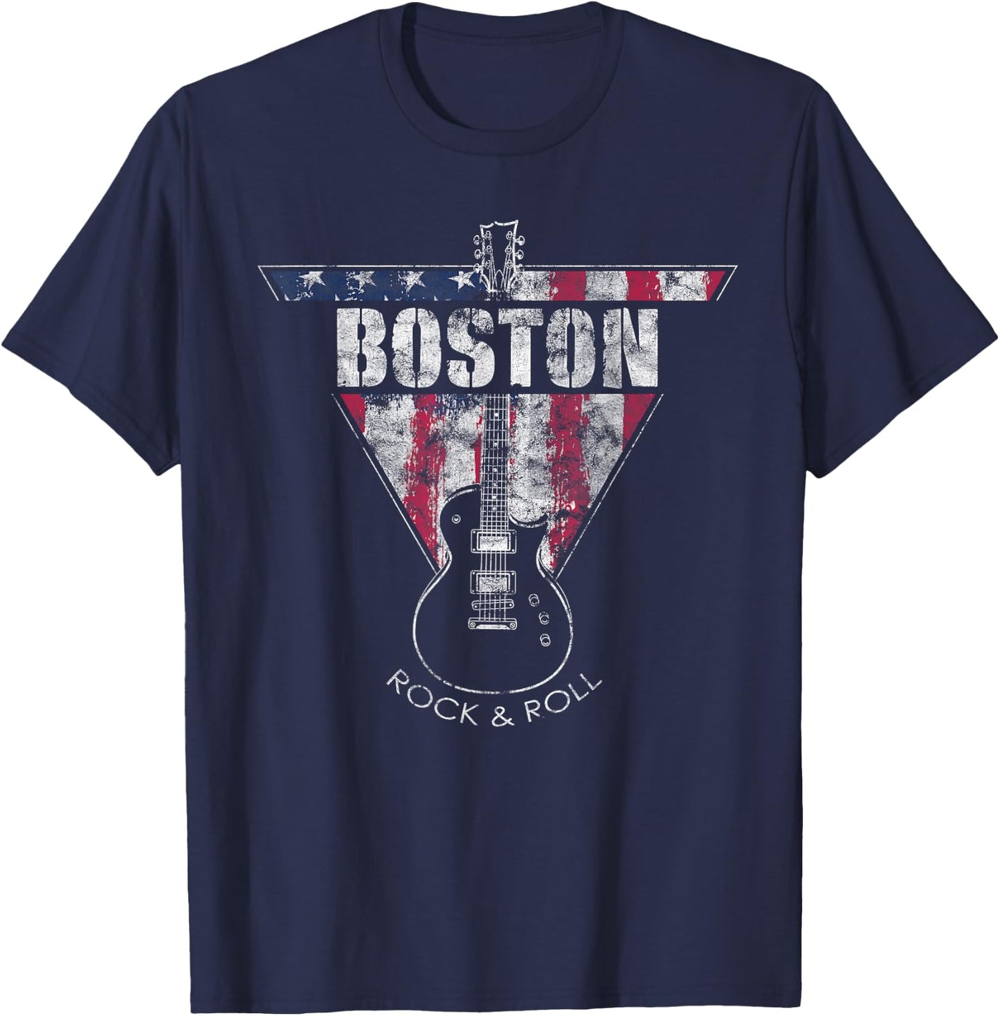 Boston Souvenir Vintage American Flag Guitar Player Rock Fan T-Shirt - T-Shirt | Navy